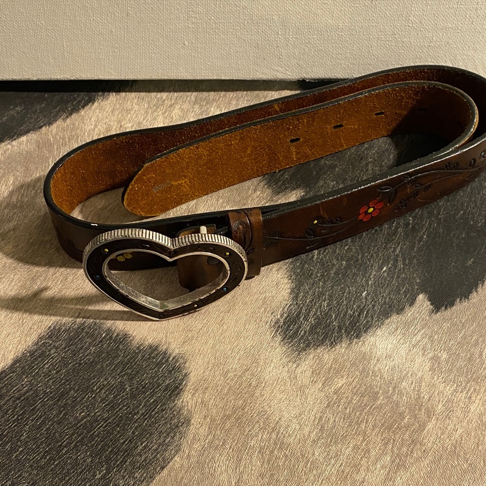 Brighton Floral Brown Leather Belt with Heart Buckle